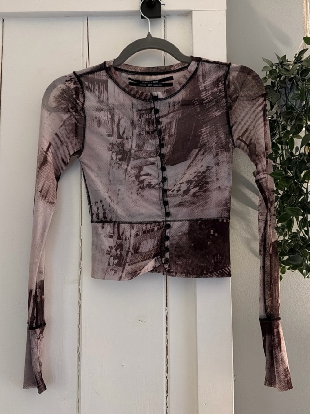 Urban Outfitters Mesh Long-Sleeve Printed Button-Front Top - Brown/Black
